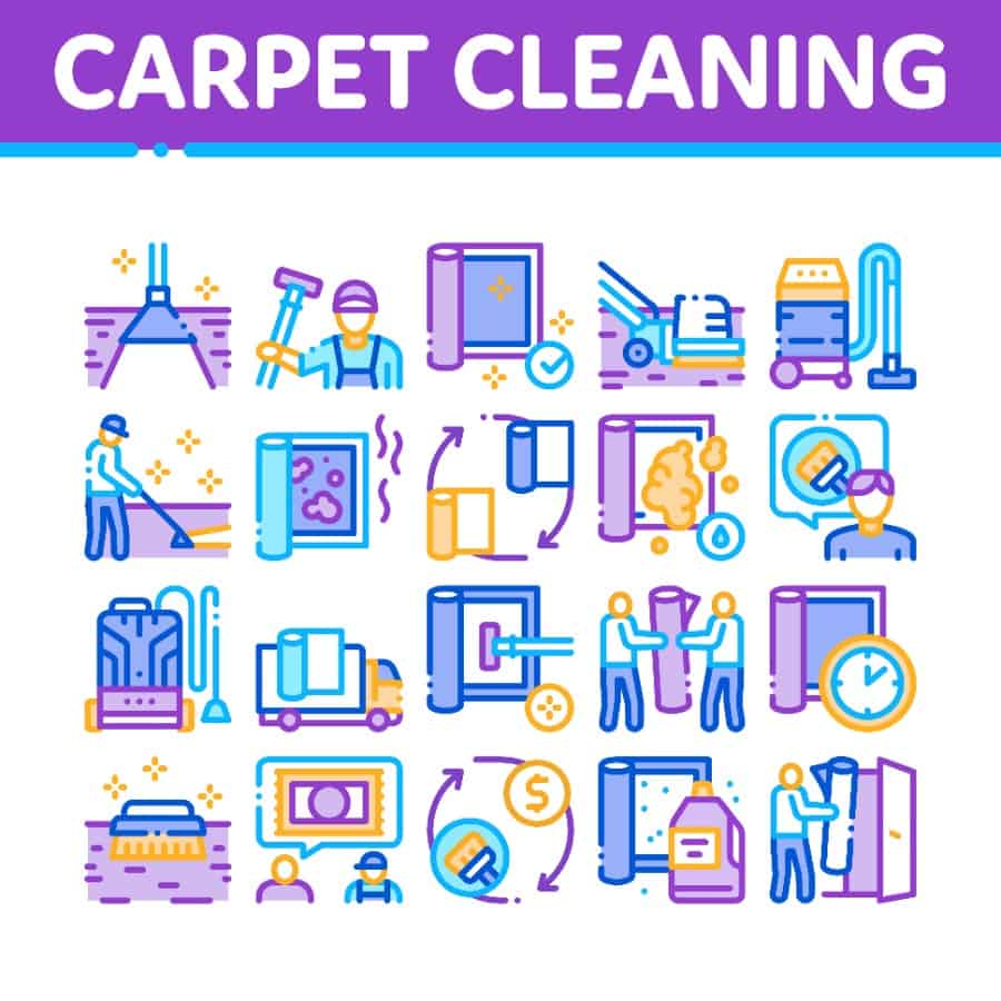 Carpet Cleaning Washing Service Icons Set Vector. Dusty And Dirty Carpet And Floor Vacuum Cleaner Equipment, Brush And Broom Concept Linear Pictograms.